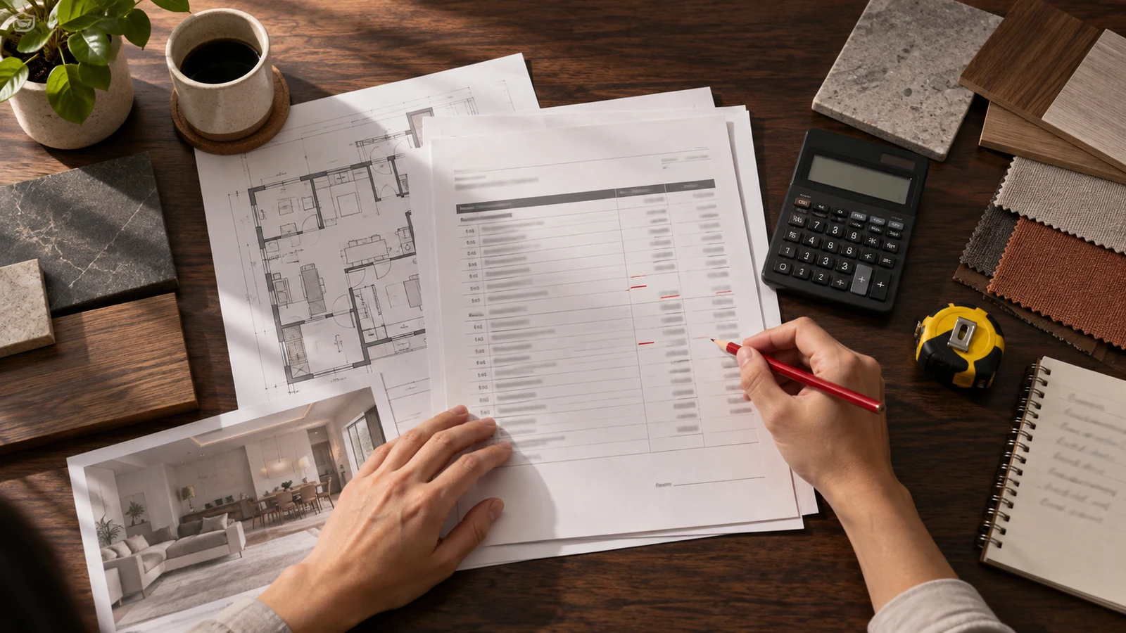 A homeowner reviewing an itemised renovation quotation beside floor plans, a calculator and material samples.