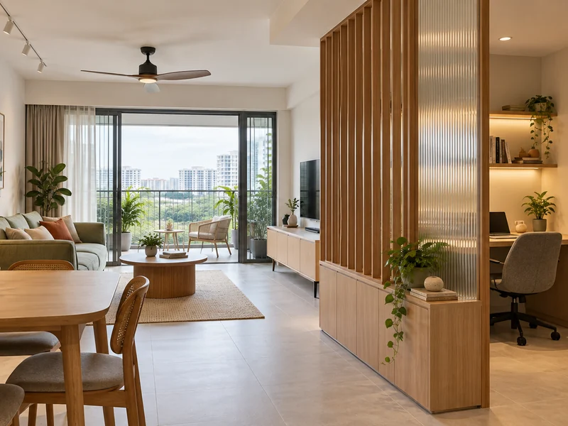 Compact Singapore apartment with a timber-and-ribbed-glass divider separating a work nook from the living area while preserving daylight and circulation.