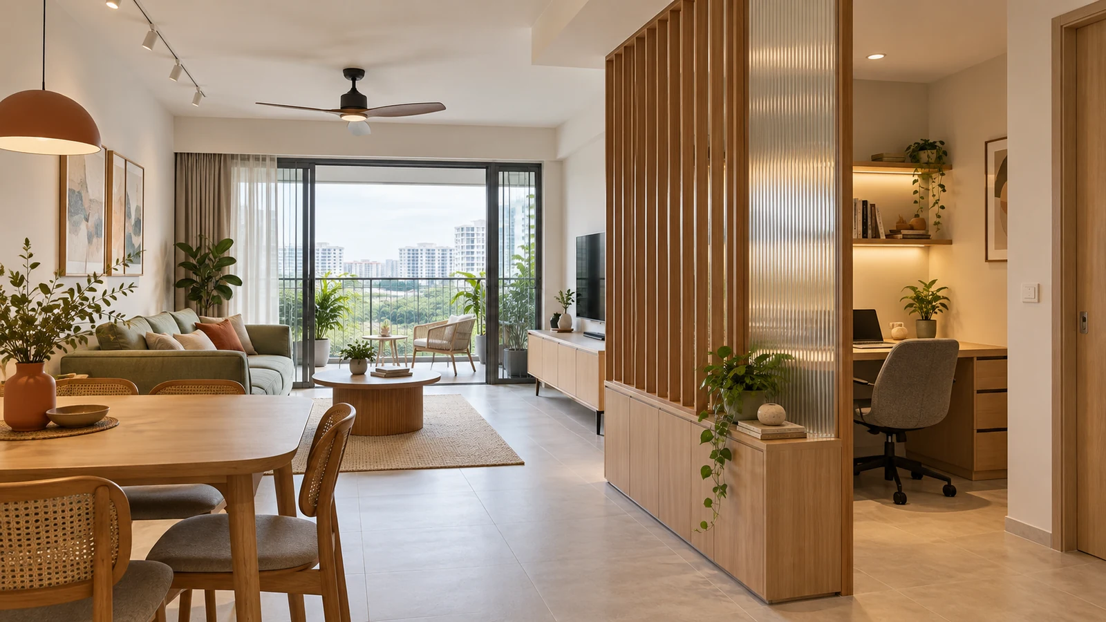 Compact Singapore apartment with a timber-and-ribbed-glass divider separating a work nook from the living area while preserving daylight and circulation.