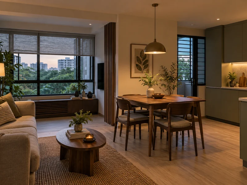 Layered lighting defines living, dining and kitchen zones in a compact Singapore apartment.
