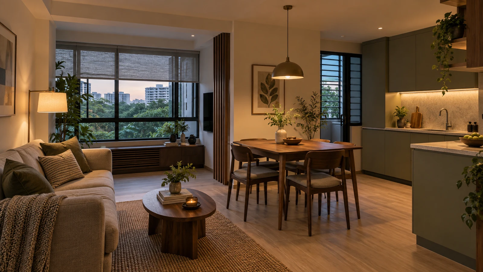 Layered lighting defines living, dining and kitchen zones in a compact Singapore apartment.
