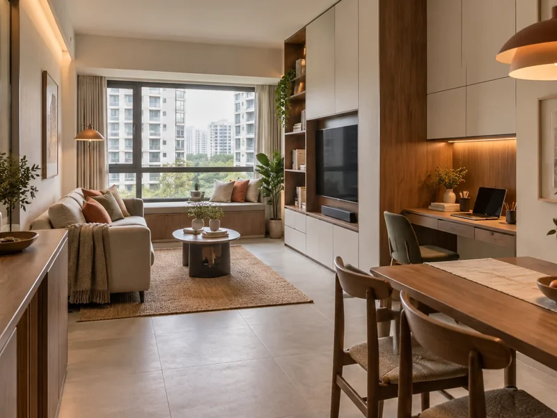 A compact Singapore apartment combining clear circulation, integrated storage and flexible living, dining and work zones.