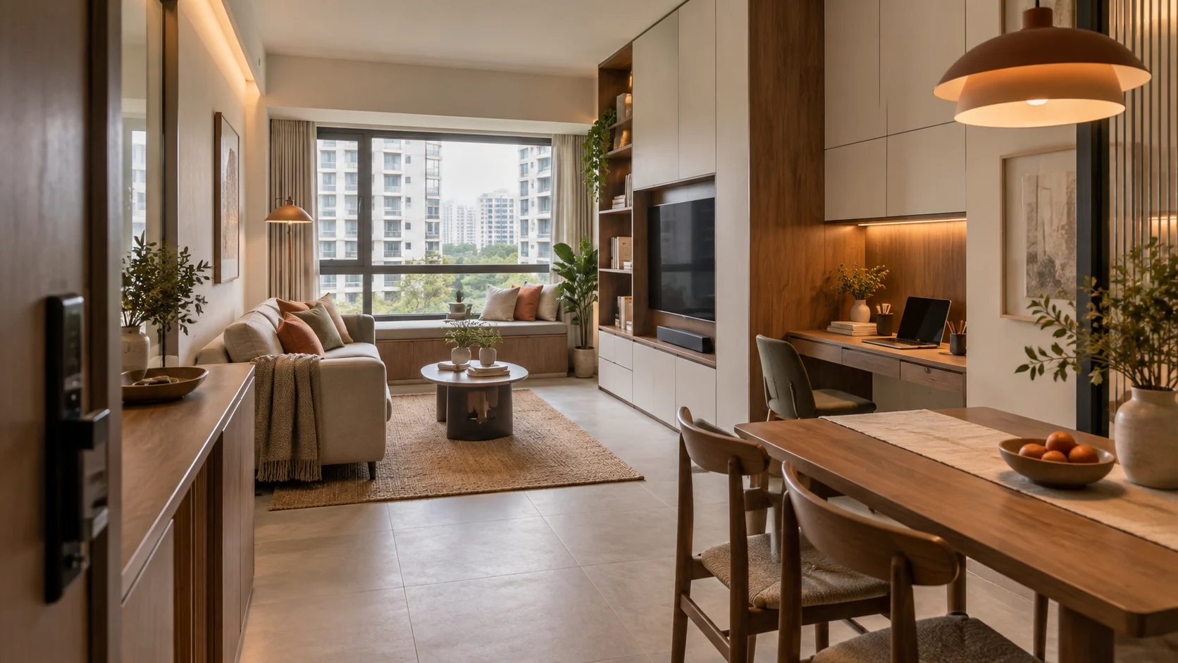 A compact Singapore apartment combining clear circulation, integrated storage and flexible living, dining and work zones.