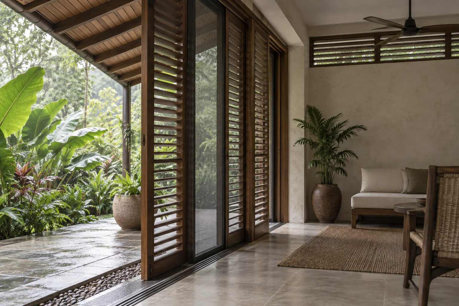 Operable timber louvres, insect screening and a shaded veranda create a controllable tropical threshold.