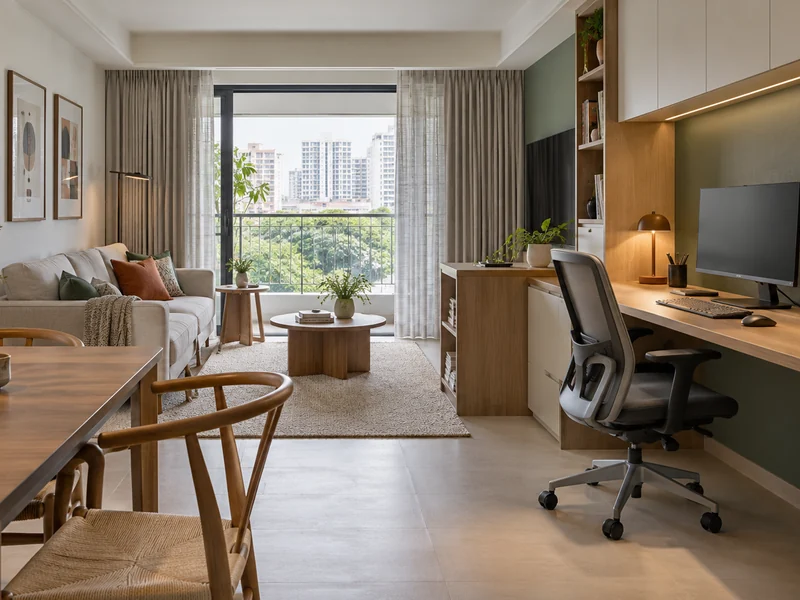 A compact Singapore apartment with an ergonomic work-from-home zone integrated beside the living area.