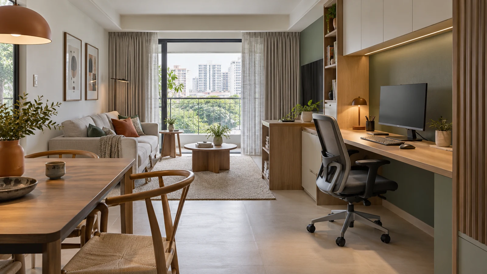 A compact Singapore apartment with an ergonomic work-from-home zone integrated beside the living area.