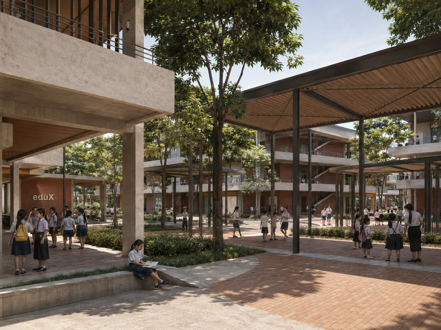 A shaded courtyard between the brick wings, with mature trees retained
