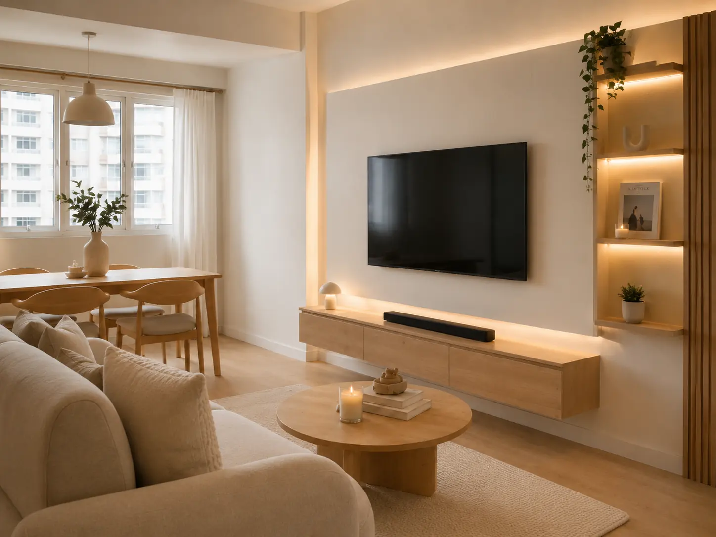 The floating oak console and its backlit niche shelving