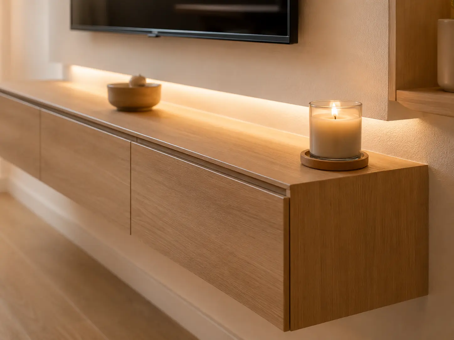 The floating console, lit along its full length