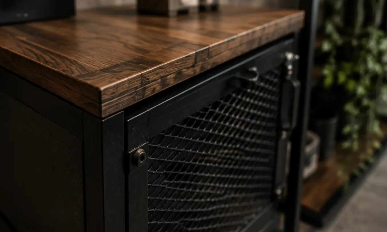 Wire-mesh cabinet fronts beneath a reclaimed timber top