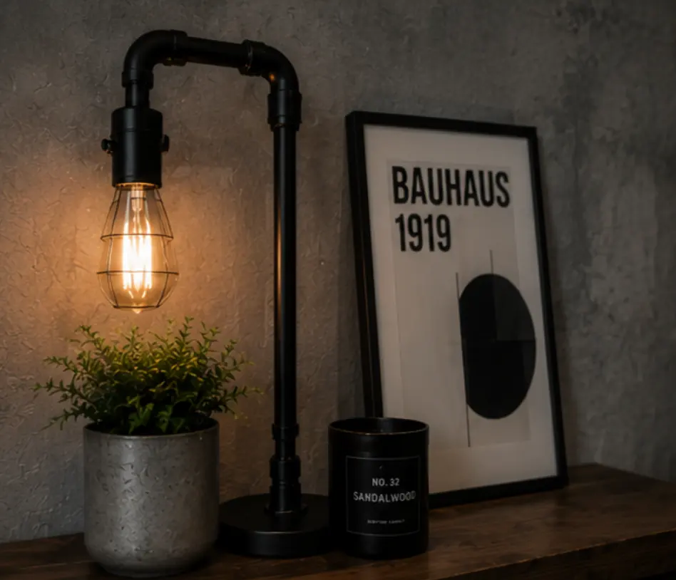 An Edison-bulb fitting on the raw concrete wall