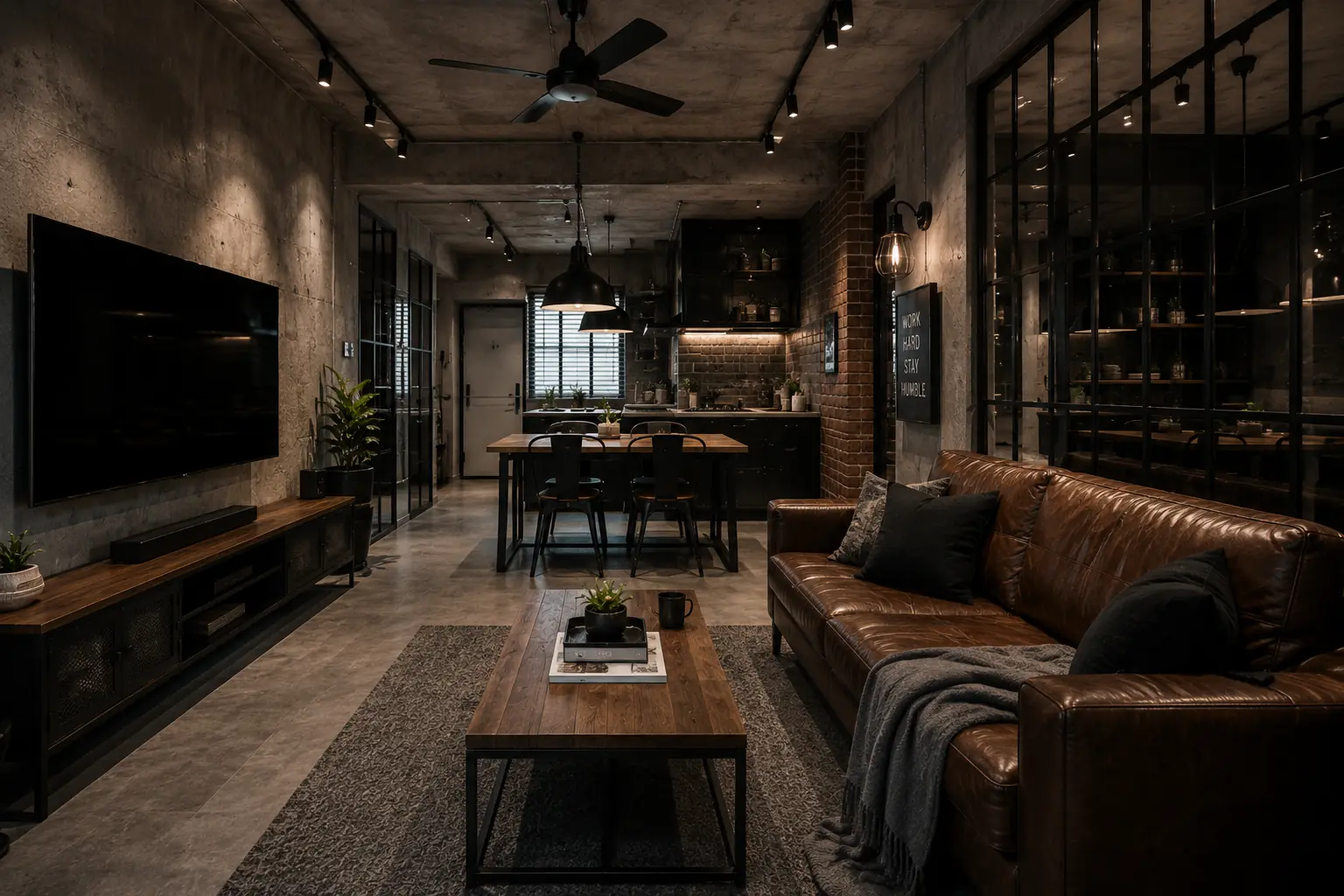 Bare concrete and exposed brick around a tan leather sofa