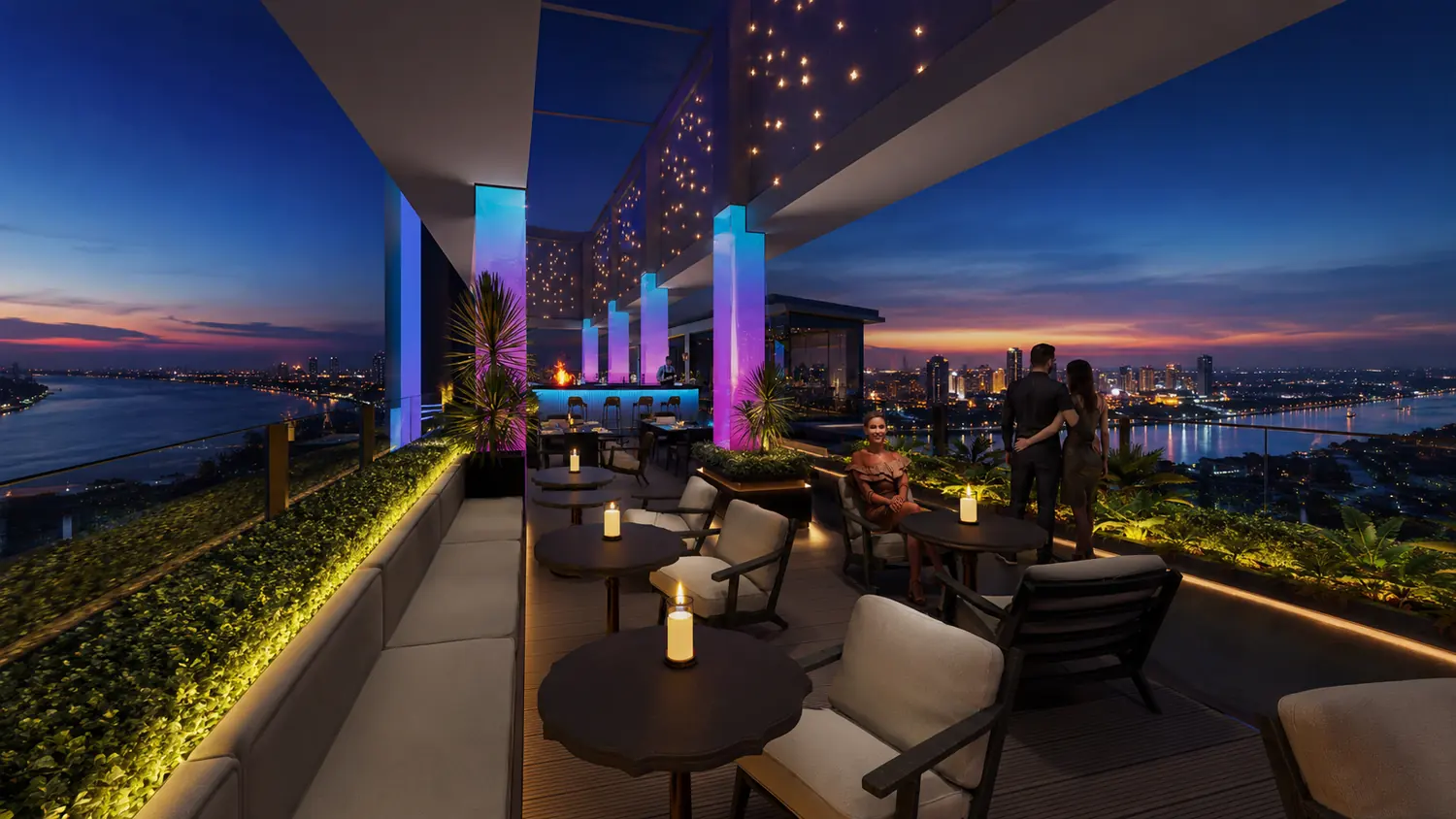 The terrace after dark, iridescent glass fins lit against the river