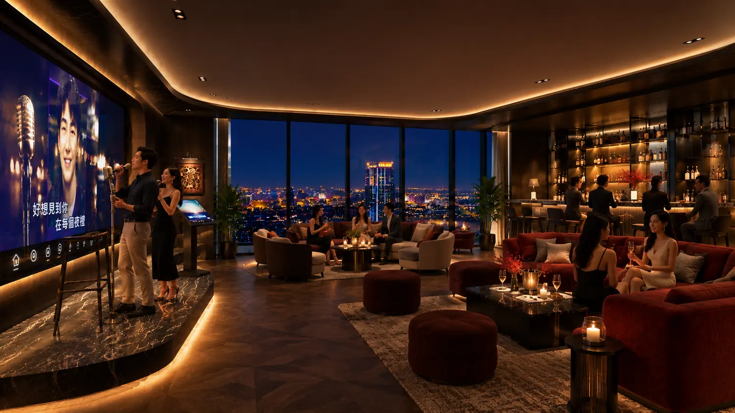 The interior lounge, with its performance stage and fully lit back bar