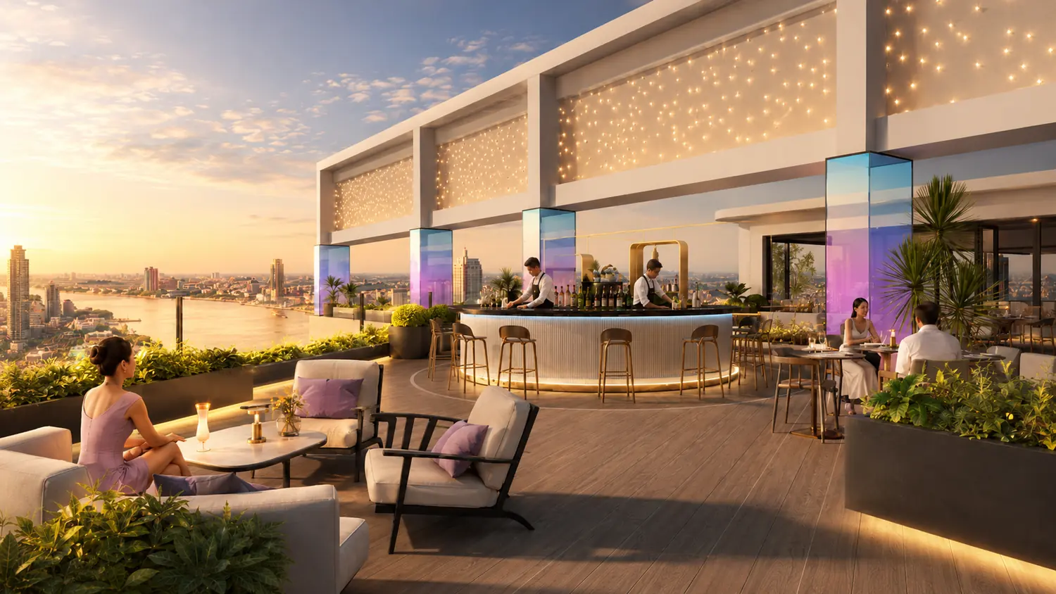 Sunset on the terrace, bar counter and planted edge under the perforated screen
