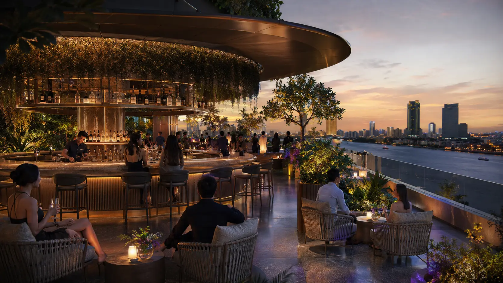 The curved timber bar at sunset, with the river and the city skyline beyond